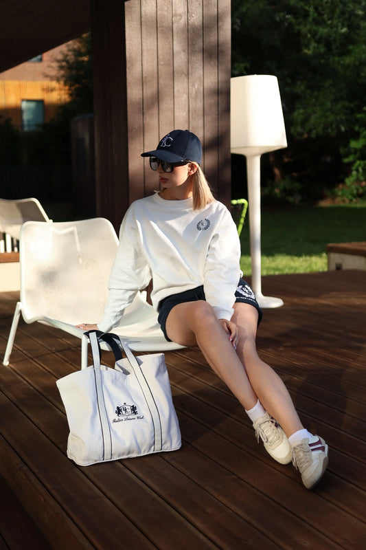 The Club Embroidered Tote Bag – White/Navy Baltics Leisure Club