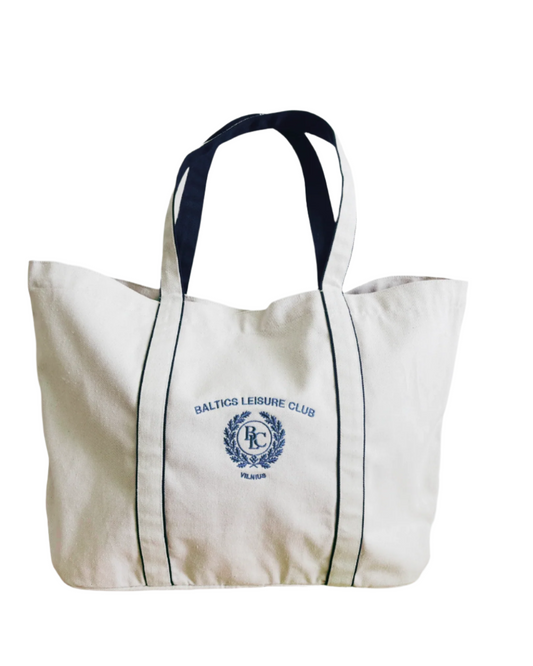 The Heritage  Embroidered Tote - White/Navy - Baltics Leisure Club